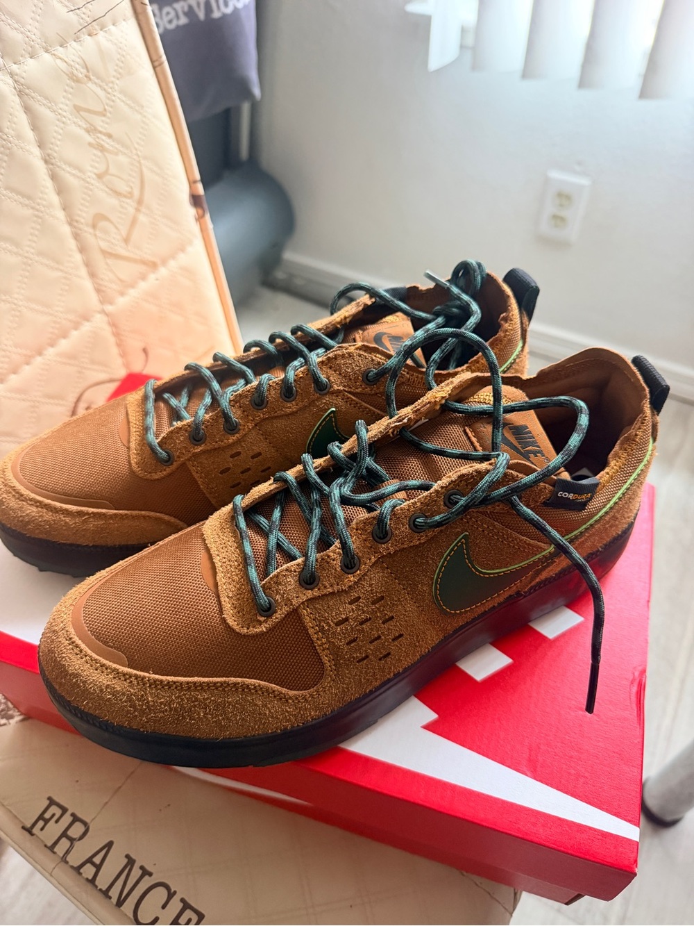 Nike Brown Suede & Mesh Sneakers with Green Laces